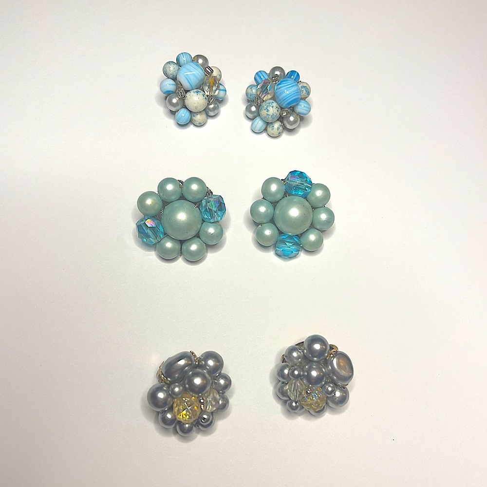 Vintage clip earrings marked Japan lot of 3 pairs blue beaded gold silver gift - Picture 3 of 15